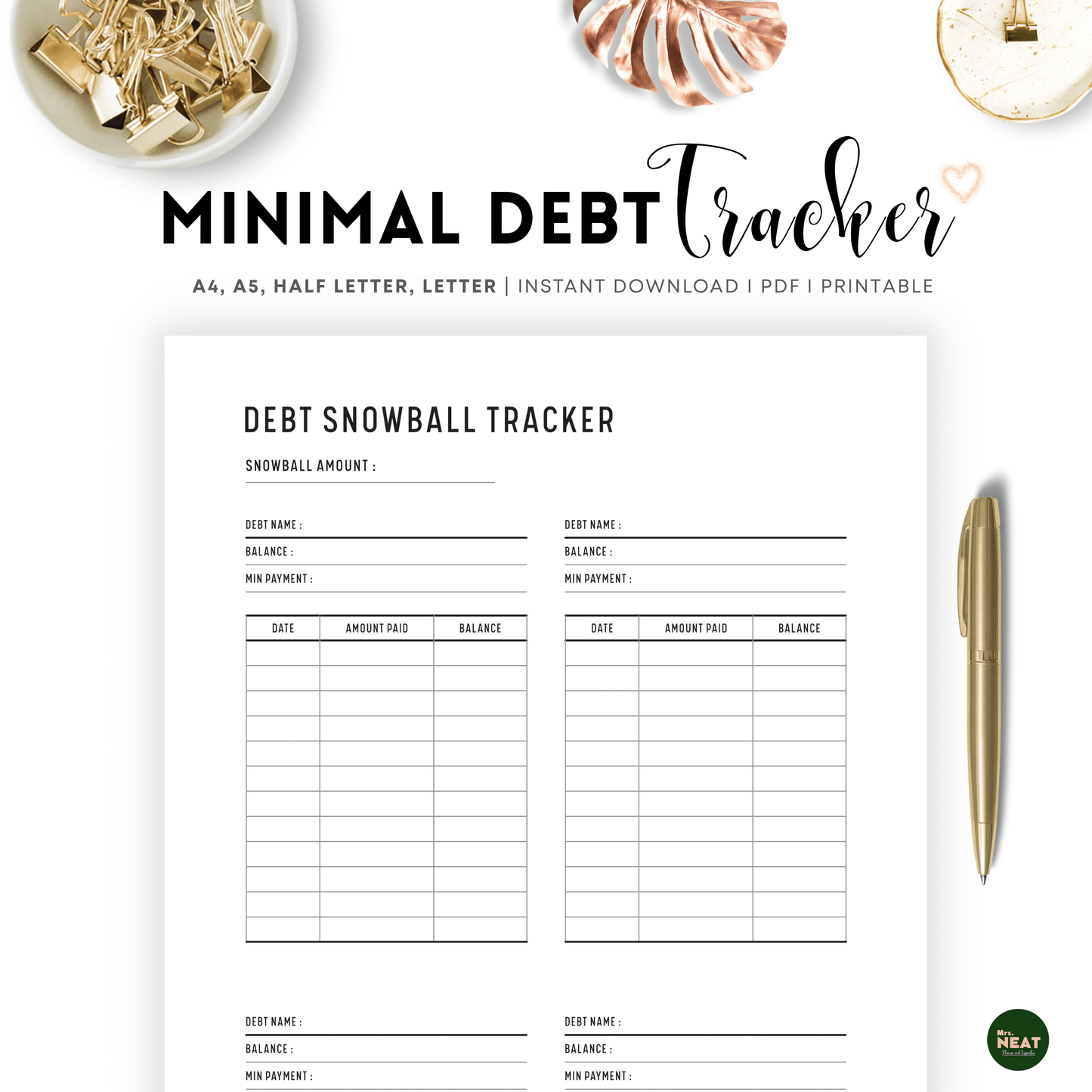 Debt Snowball Tracker Planner in Minimal Design