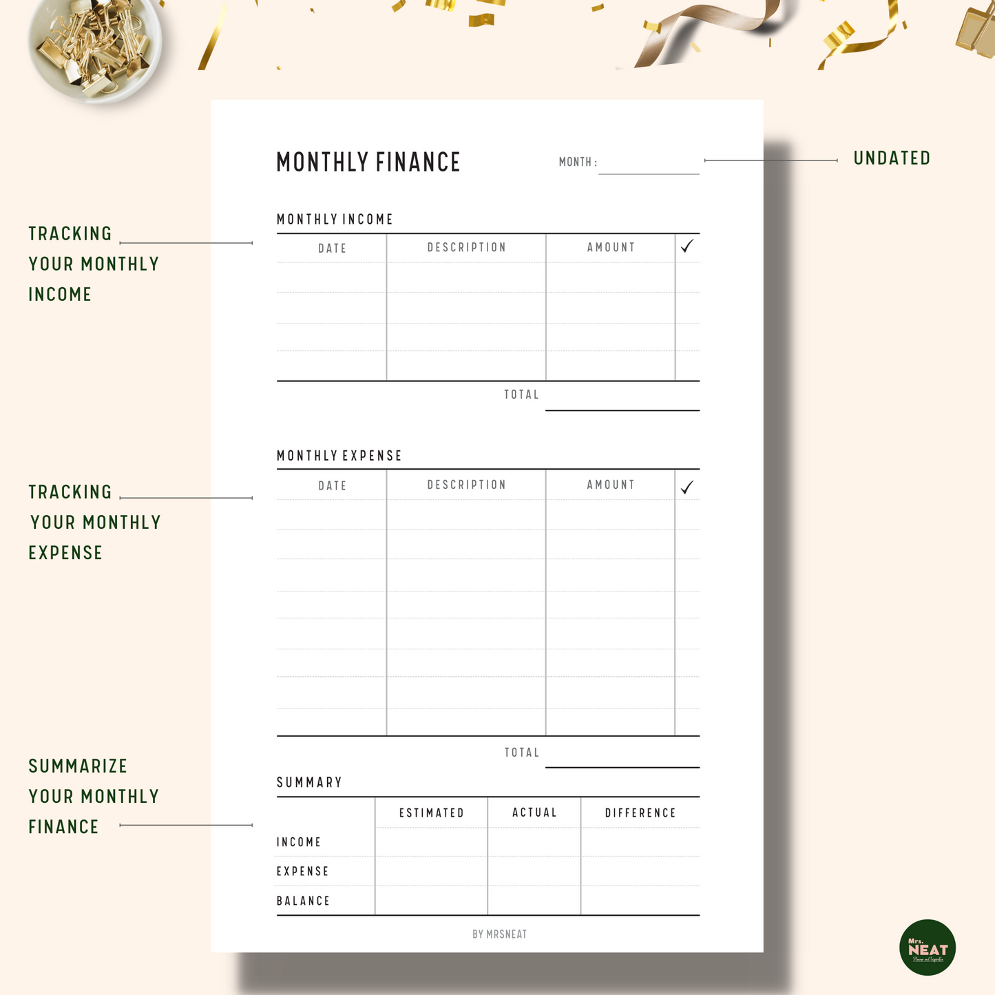 Monthly Finance Planner with room for capture monthly income, monthly expenses and monthly financial summarize