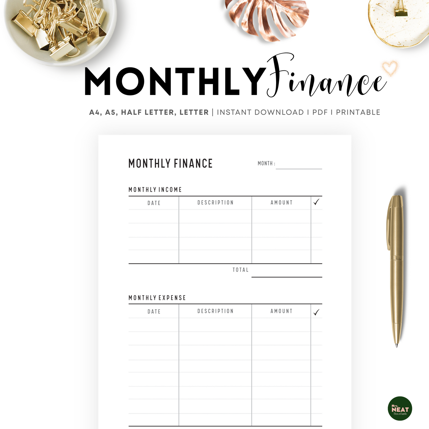 Clean and Minimalist Monthly Finance Planner Printable