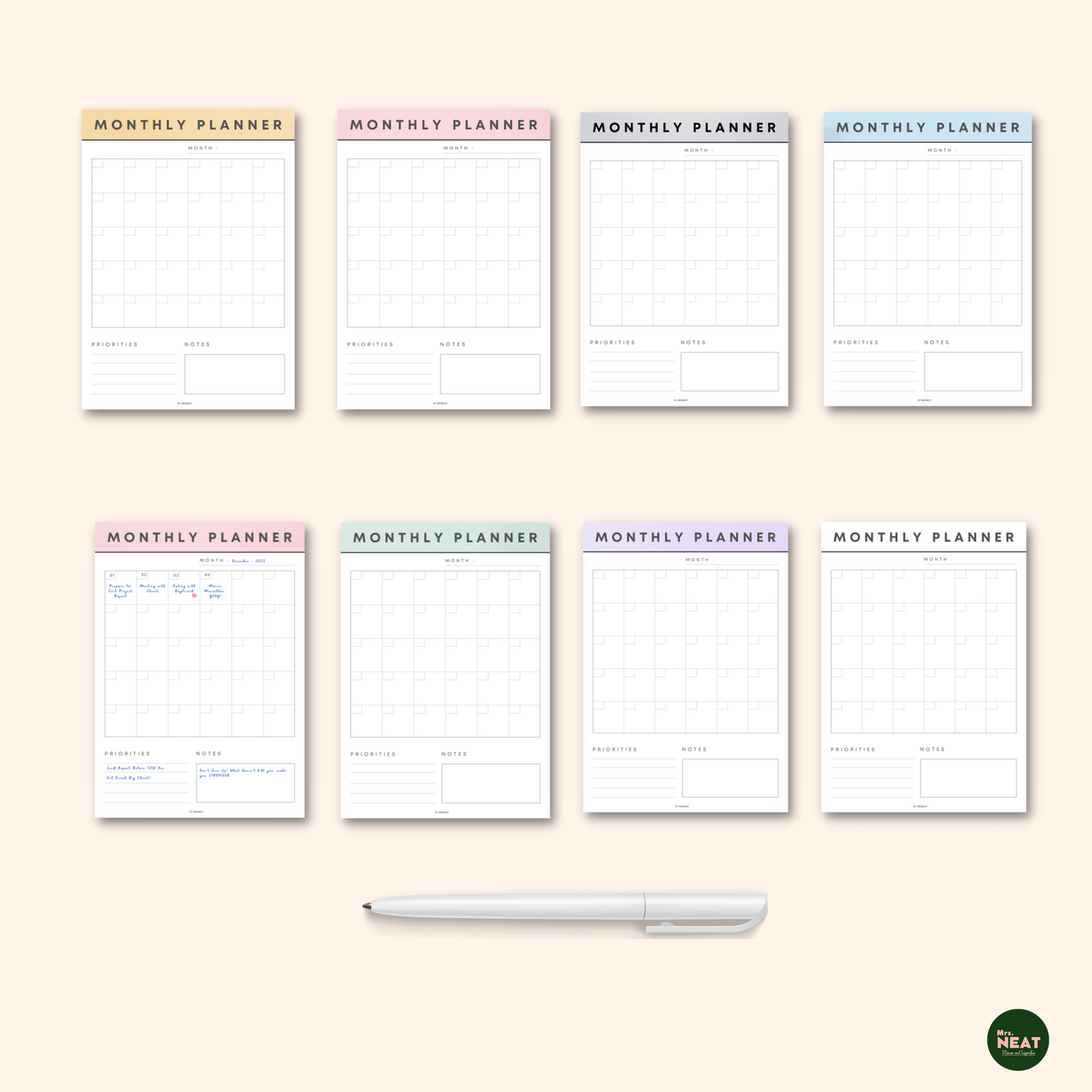 8 pages Monthly Planner in 7 beautiful colors