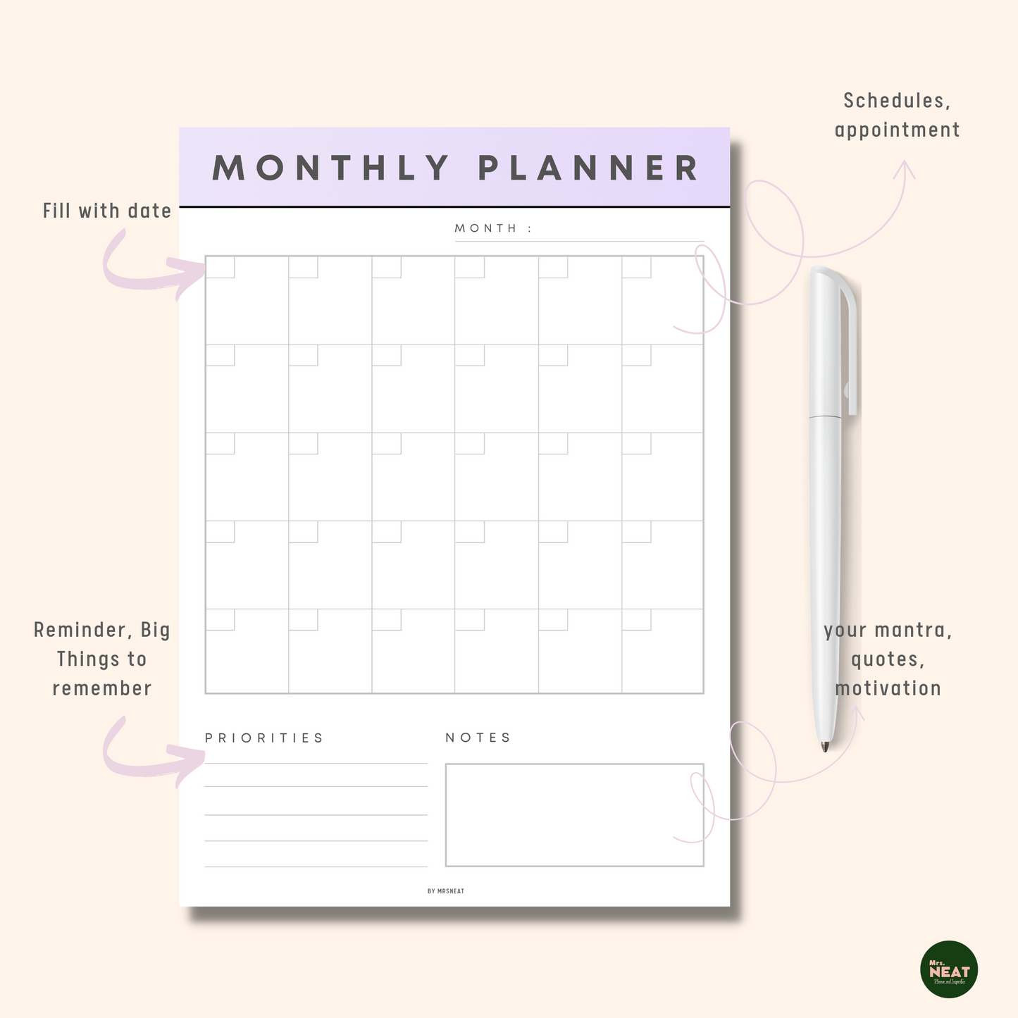 Monthly Planner Printable in 7 Colors – mrsneat