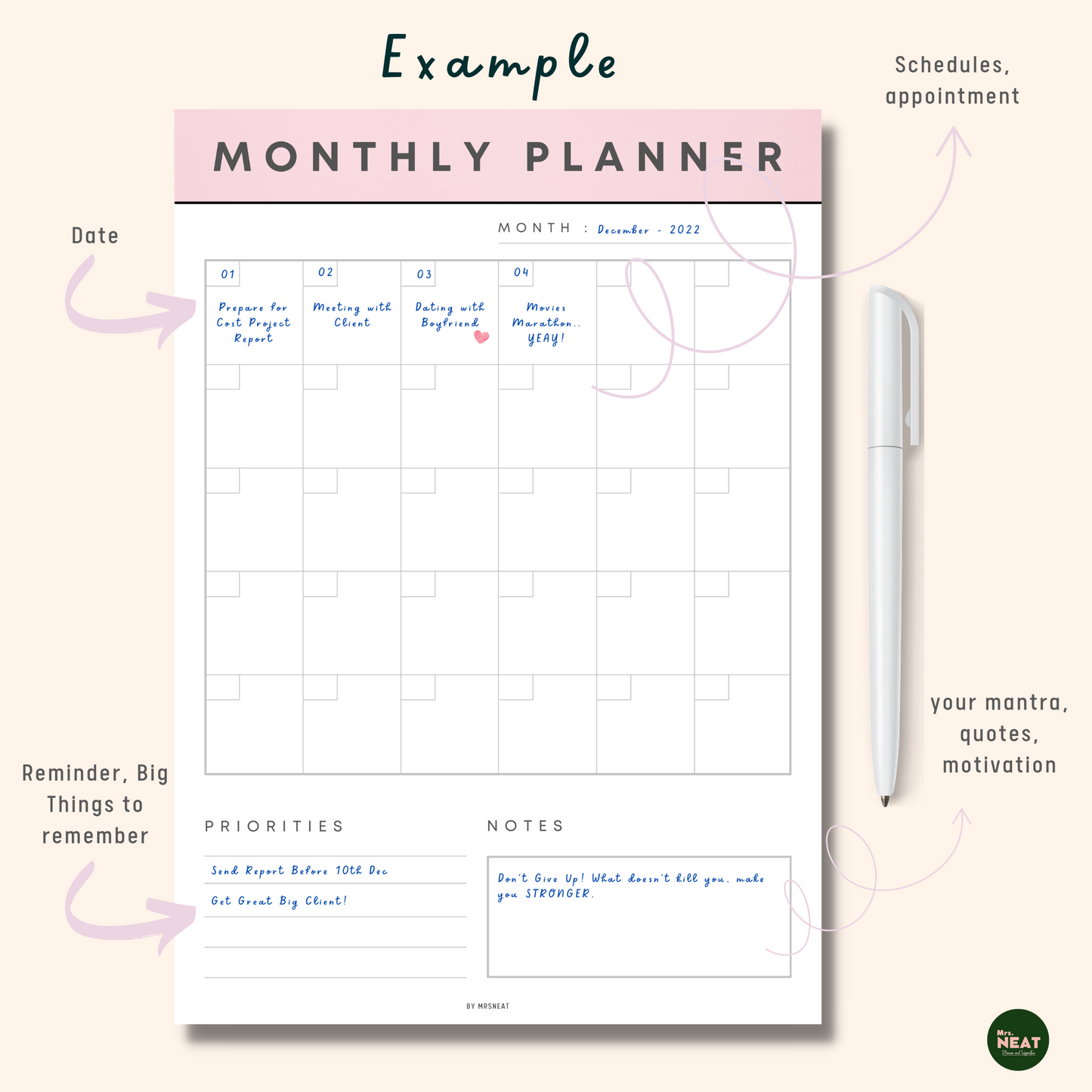 Adorable Pink Monthly Planner in Minimalist design with dated and schedules as an example