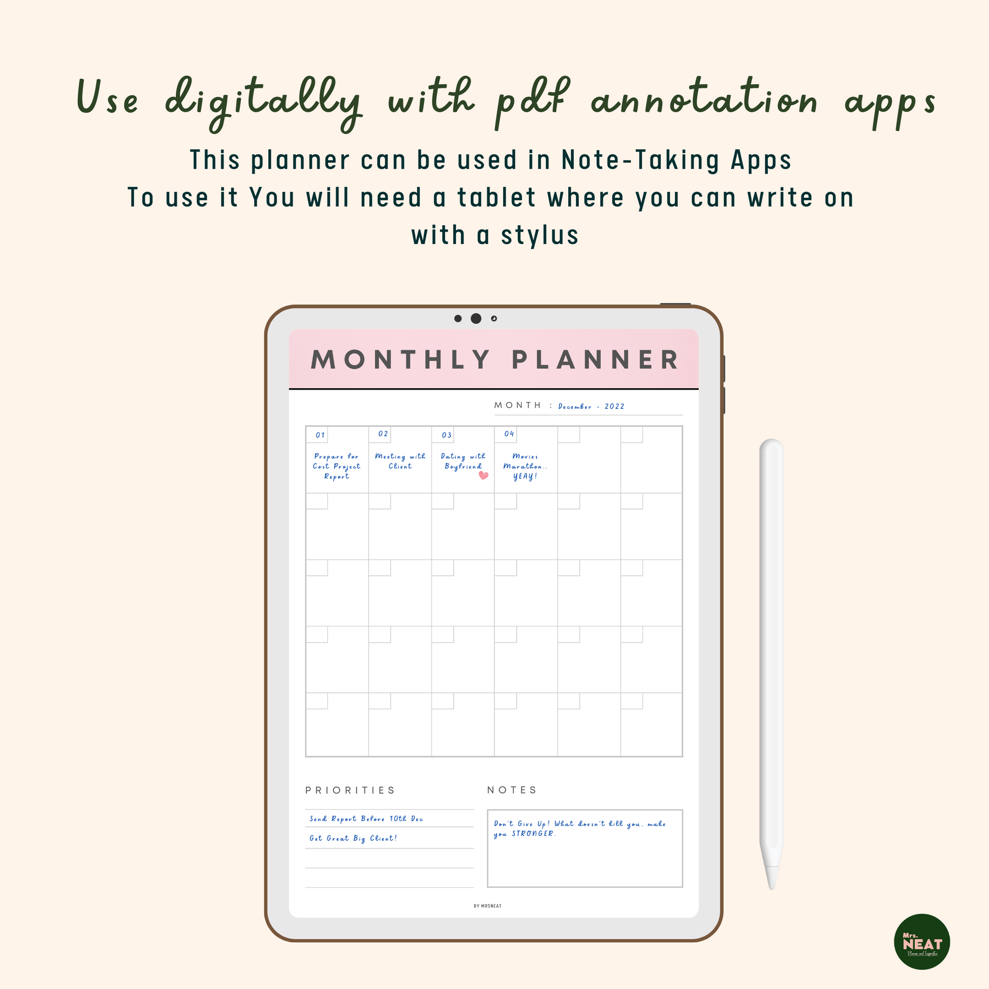 Beautiful and cute Monthly Planner in Pink color use digitally on tablet and stylus