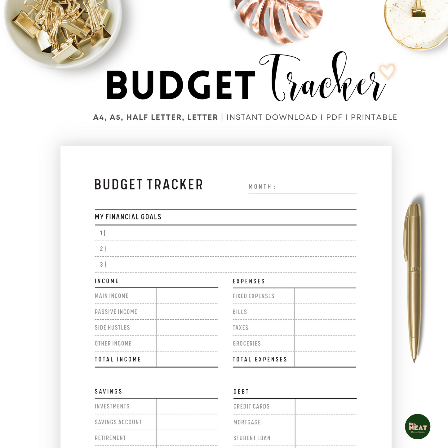 Minimalist Monthly Budget Tracker Planner 