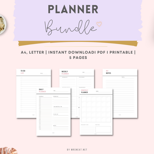 Planner Bundle consist of To do list planner, Weekly Planner, Notes, Daily Planner and Monthly planner in minimalist design
