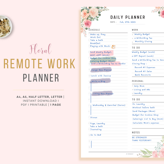 Floral Work from Home Planner Printable in Minimalist and Clean Design