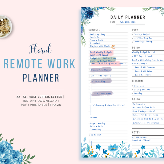 Blue Floral Work from Home Daily Planner in Minimalist Design