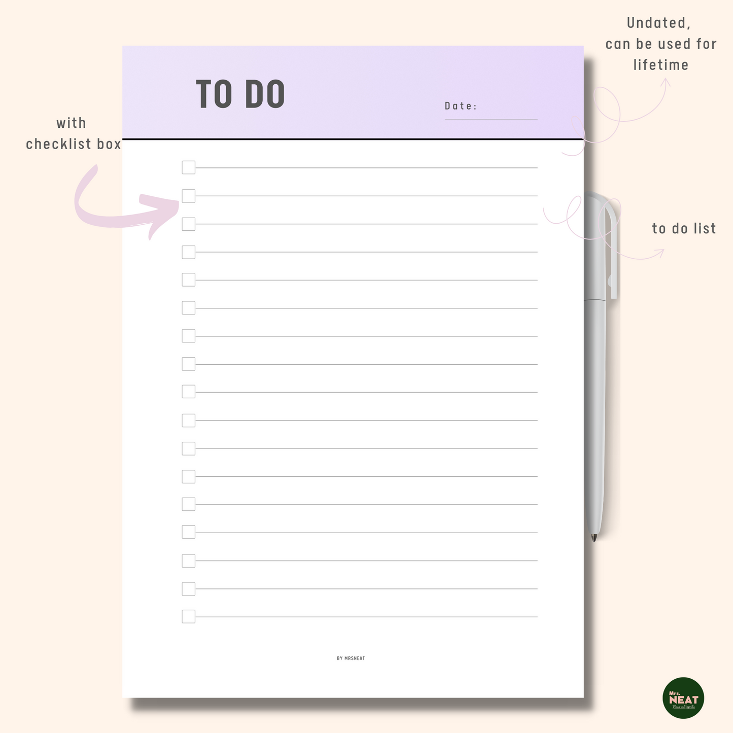 Clear, Clean and Cute Purple To Do List Page with Checklist Box and lined