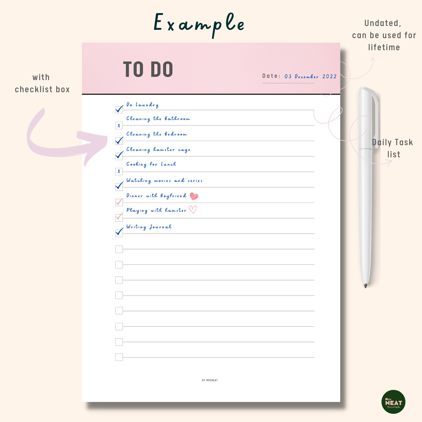 beautiful and cute pink blush to do list page with daily task list and tick off on the checklist box as an example