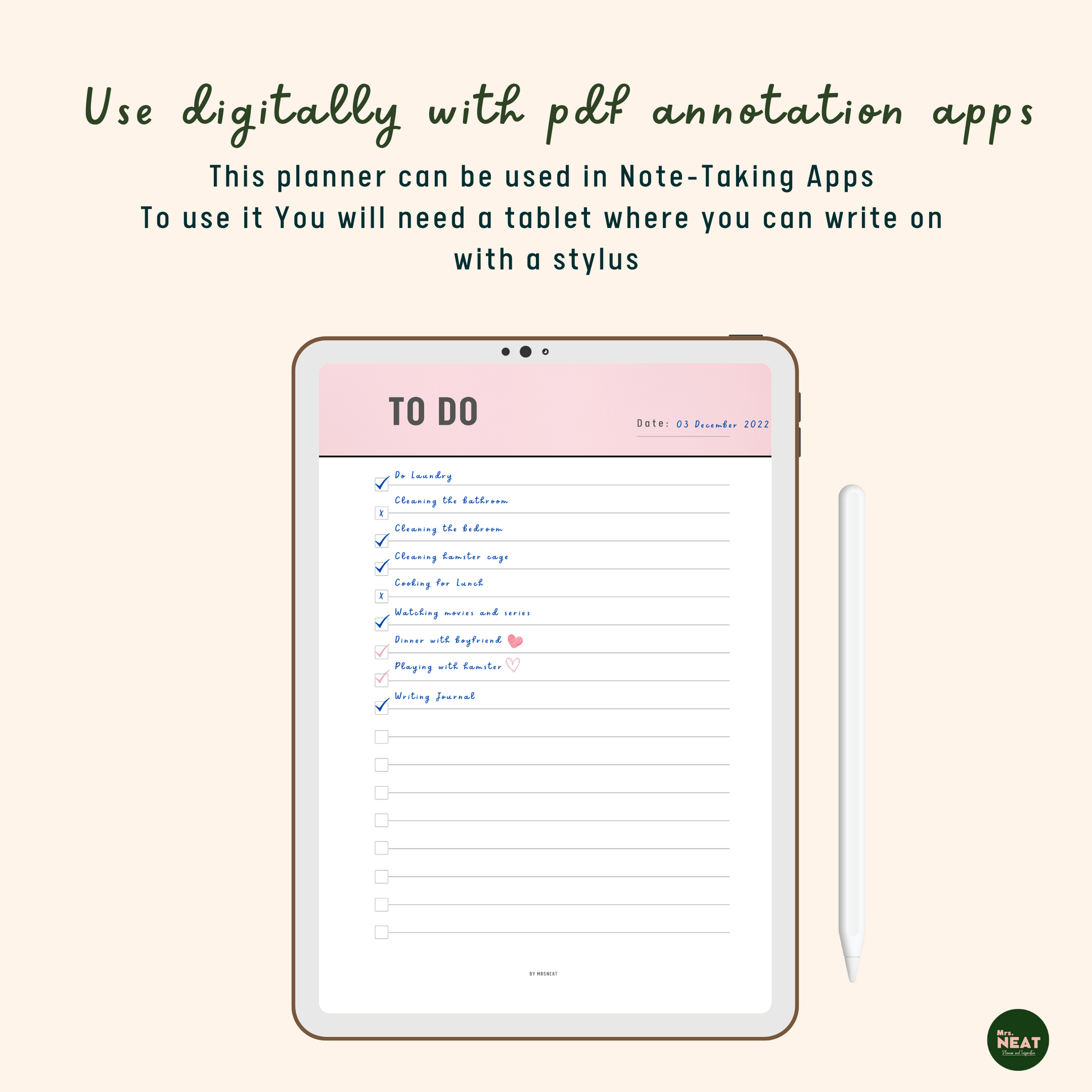 Beautiful and cute pink to do list page use digitally on tablet and stylus