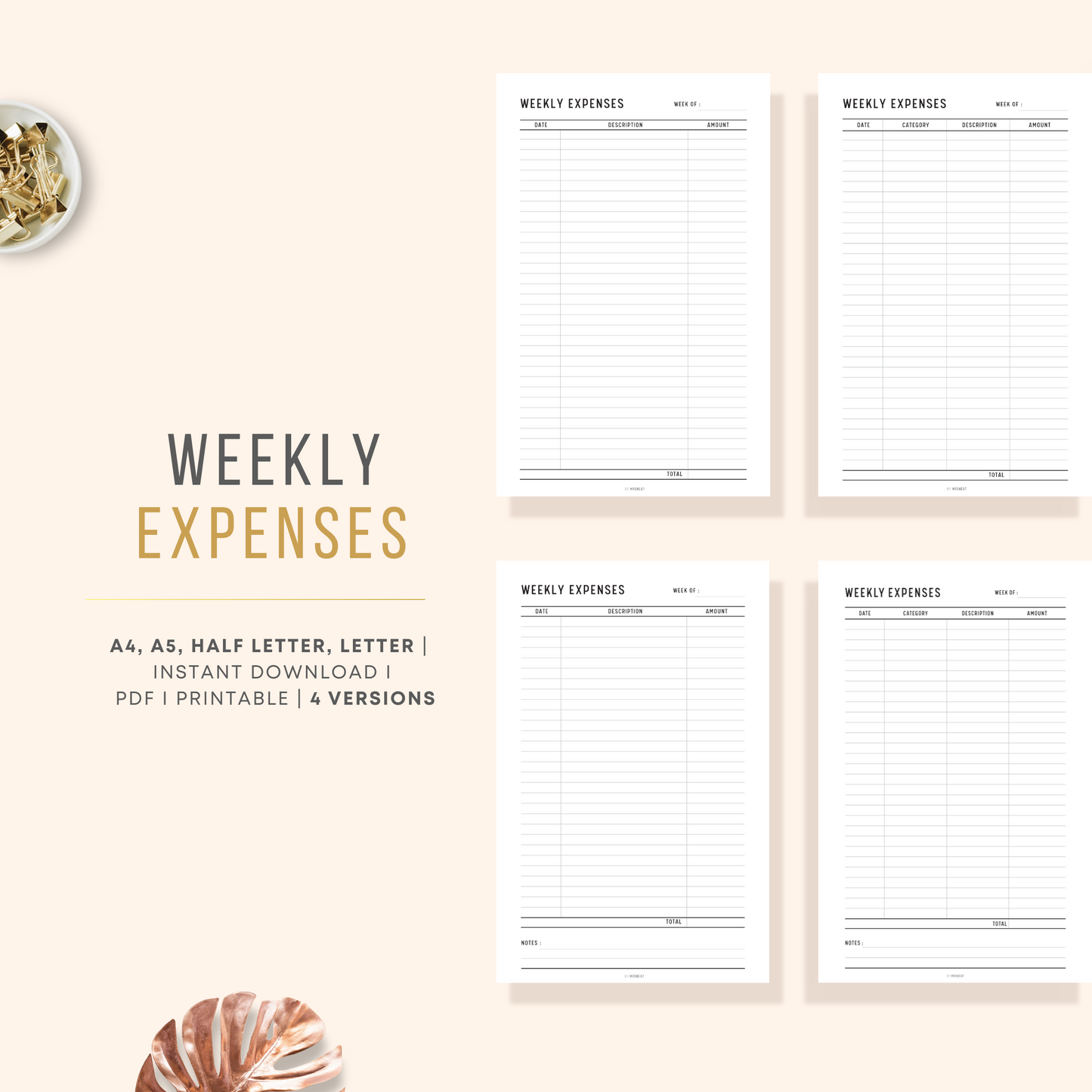 4 Pages Weekly Expenses Tracker Planner Printable with different version of each page