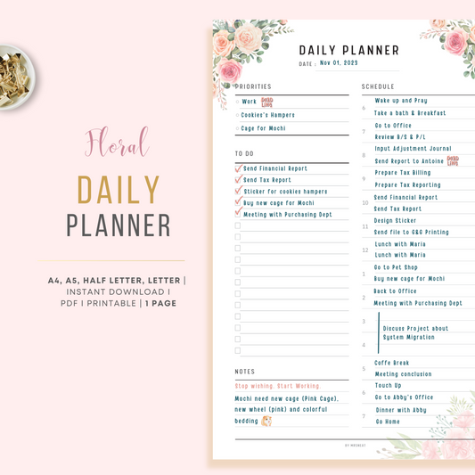 Pink Floral Daily Planner Printable in Minimalist Design
