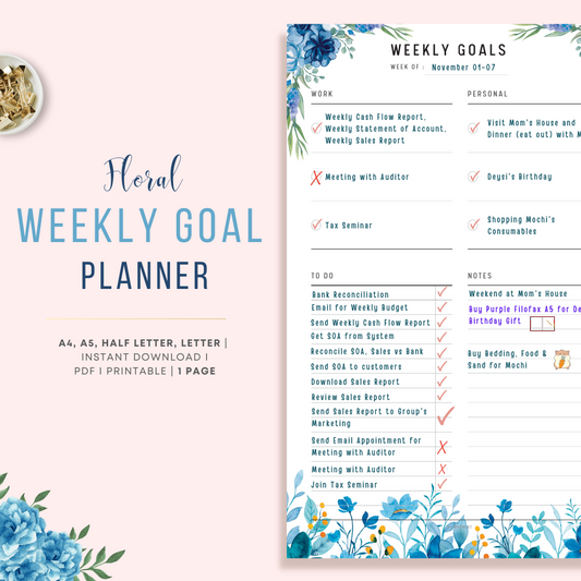 Blue Floral Weekly Goal Tracker Planner Printable