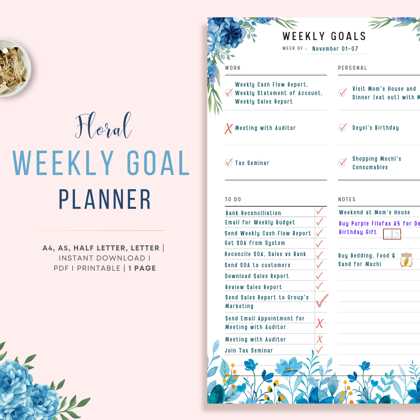 Blue Floral Weekly Goal Tracker Planner Printable