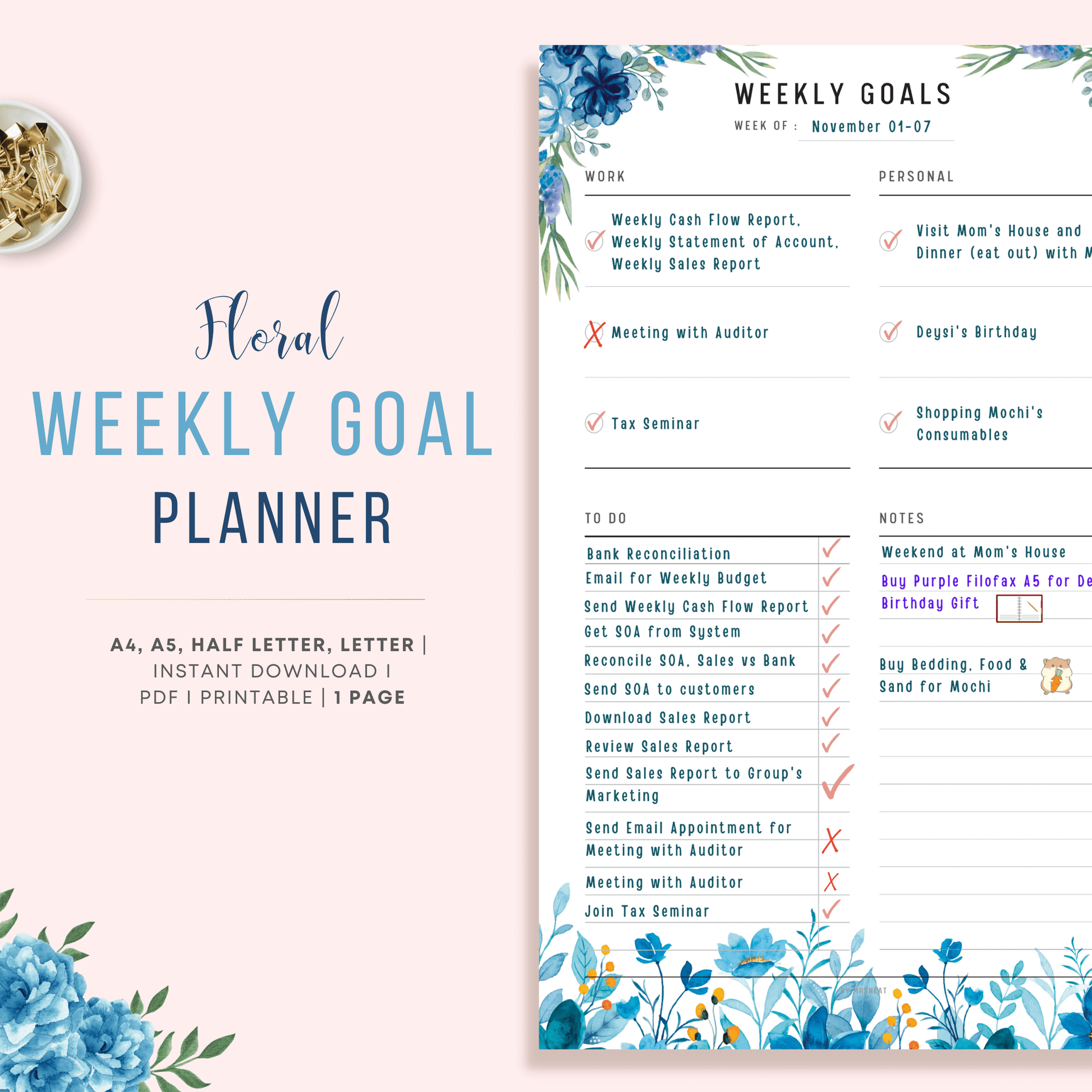 Blue Floral Weekly Goal Tracker Planner Printable