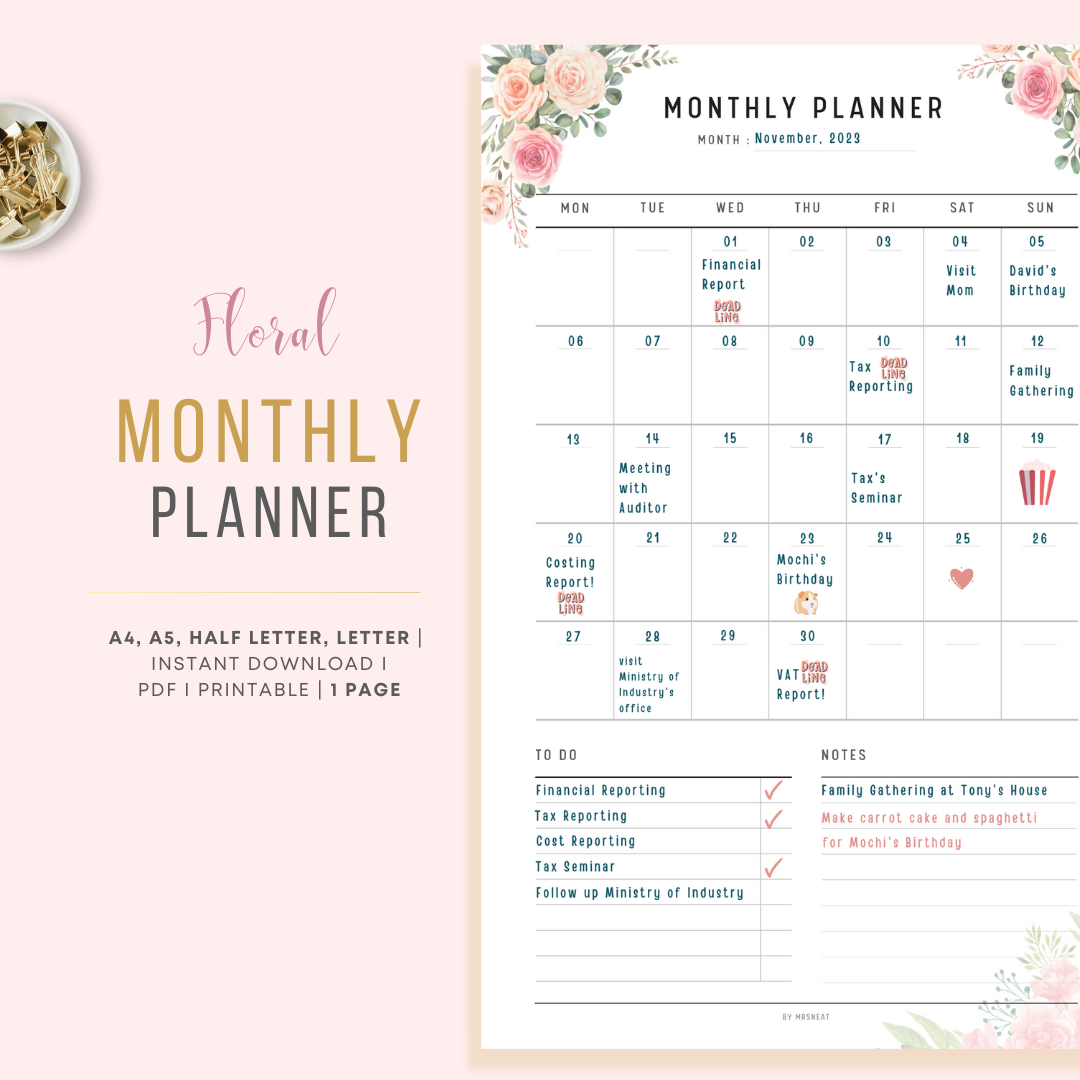 Pink Blush Floral Monthly Planner Printable in Minimalist Design