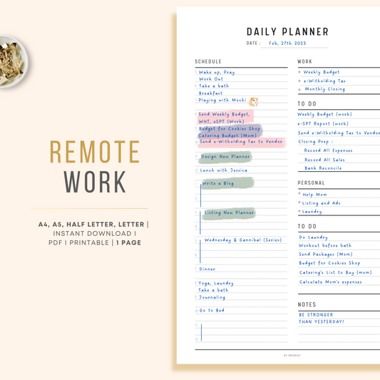 Remote Work from Home Daily Planner Printable in Minimalist Design