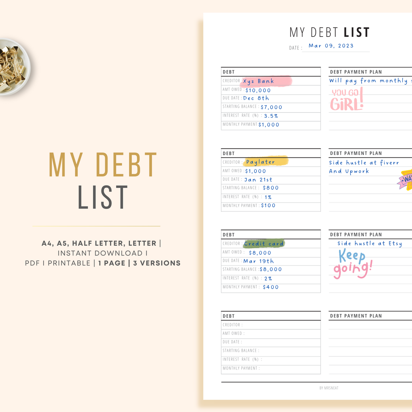 My Debt List Planner for Debt Payoff