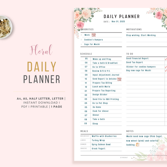 Cute and Beautiful Pink Floral Daily Planner Printable
