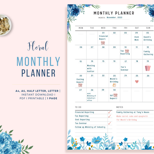 Blue Floral Monthly Planner Printable in Minimalist and Clean Design