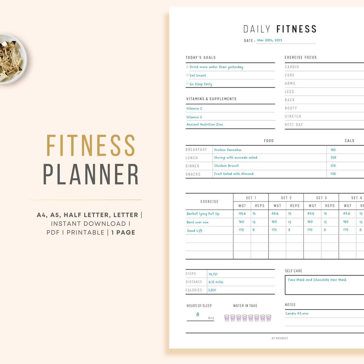 Clean and Minimalist Daily Fitness Planner
