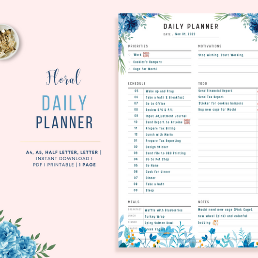 Beautiful and Cute Blue Floral Daily Planner Printable