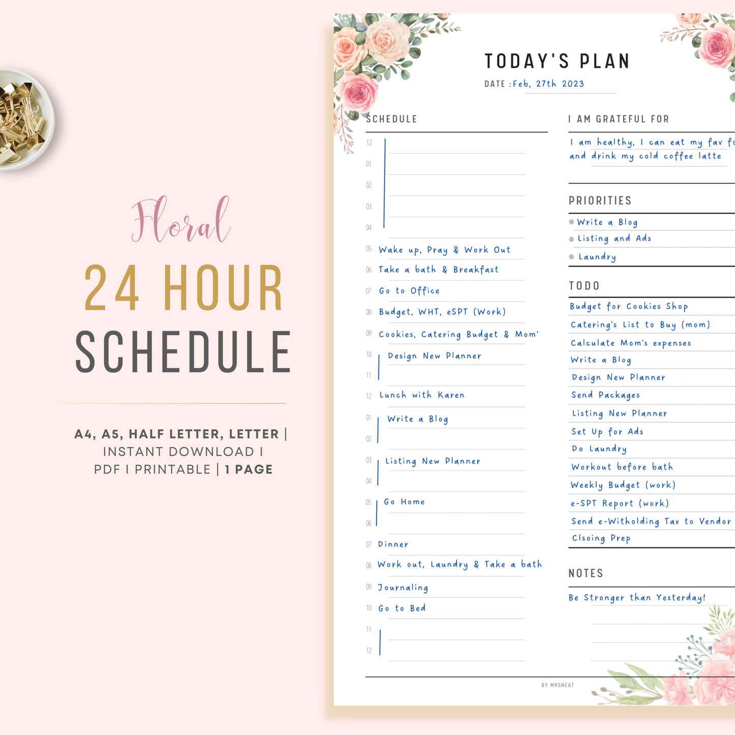 Pink Floral 24 Hour Schedule Planner in Minimalist Design