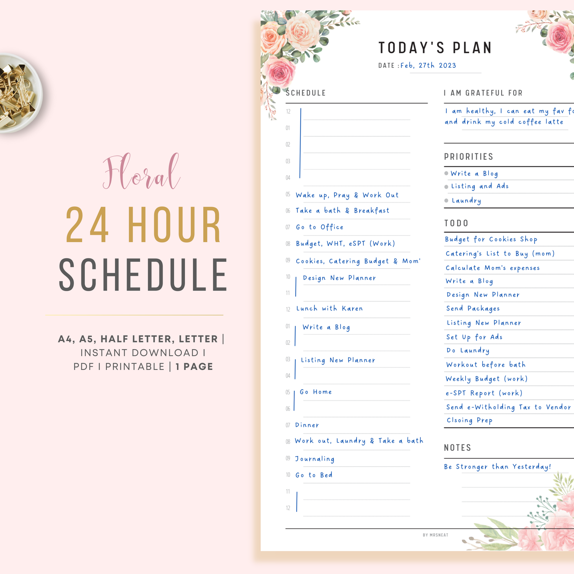Pink Floral 24 Hour Schedule Planner in Minimalist Design