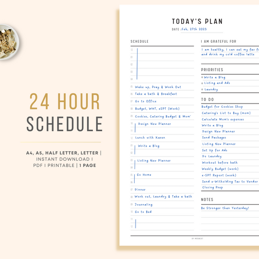 24 Hour Daily Planner Printable in Minimalist Design