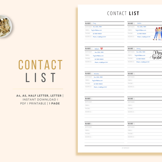 Contact List Planner Inserts Printable