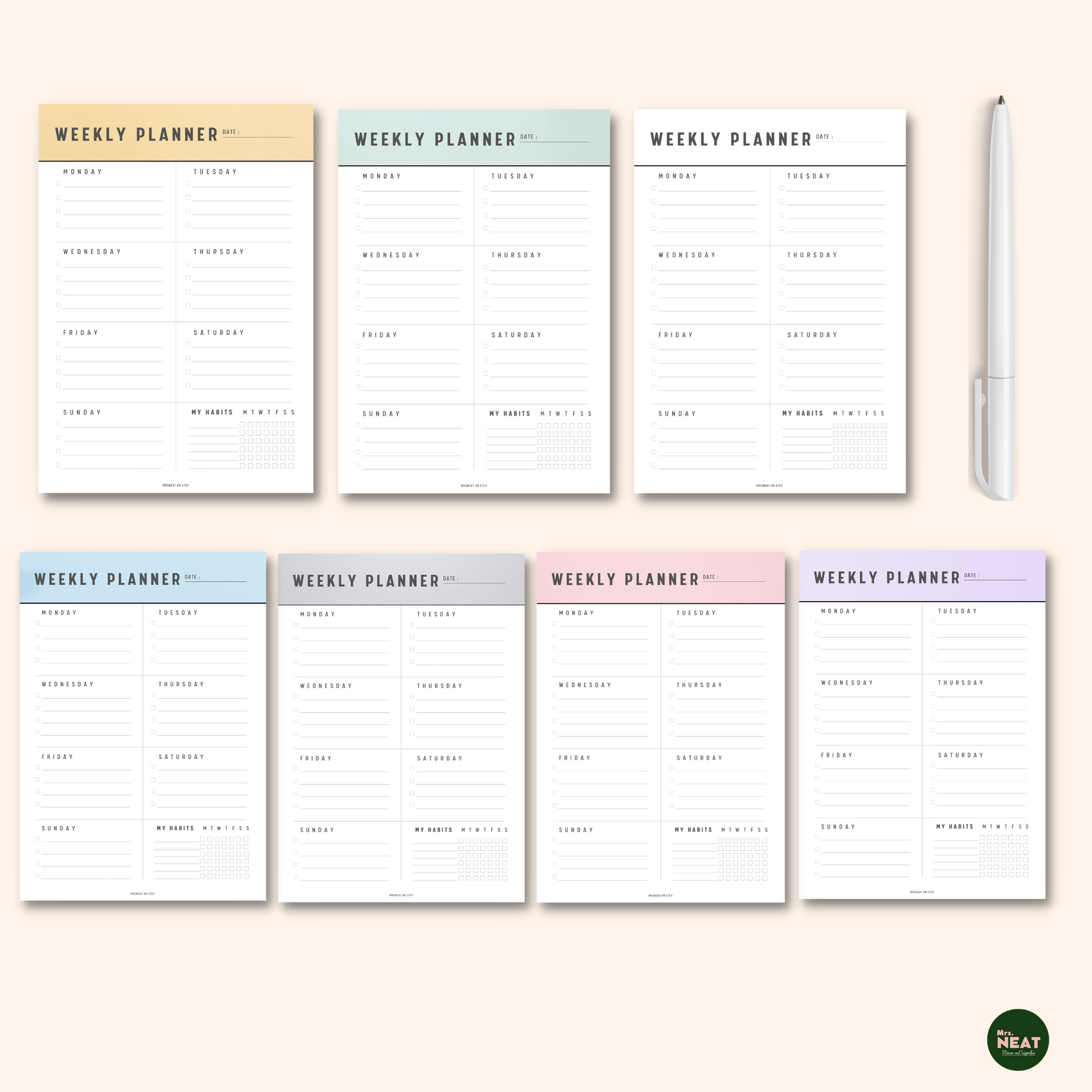 7 pages Beautiful Weekly Planner in Yellow, Green, Neutral, Blue, Grey, Pink and Purple color