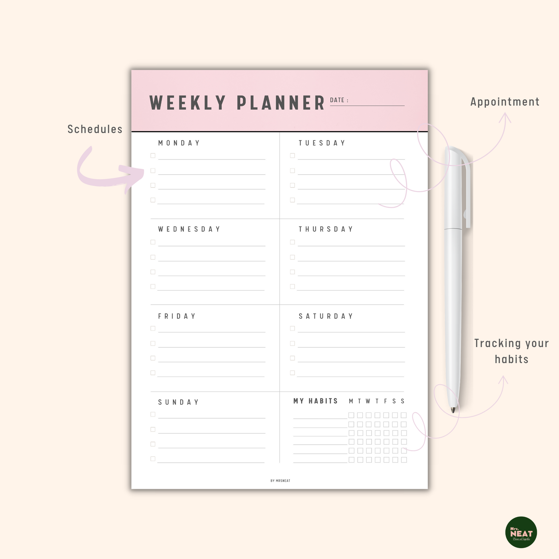 Cute and Minimalist Pink Weekly Planner with room for Appointment, Schedules, and Habit Tracker