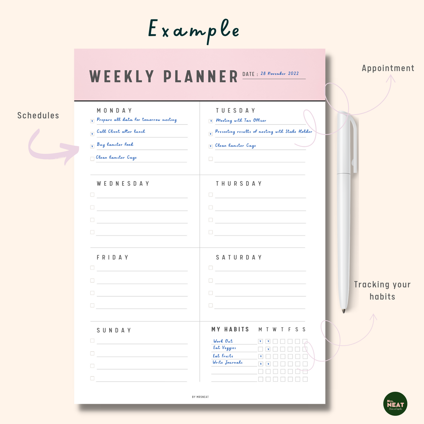 Beautiful pink weekly planner with dated, Monday and Tuesday Schedules and List of Habits as an example