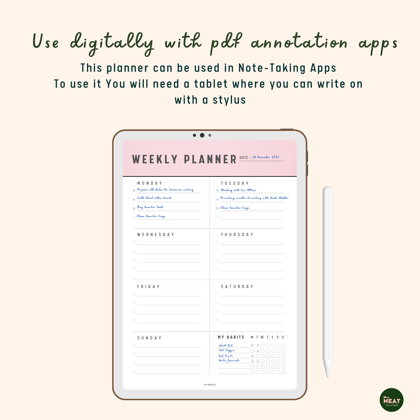 Beautiful and Clean Weekly planner in pink color use digitally on tablet and stylus