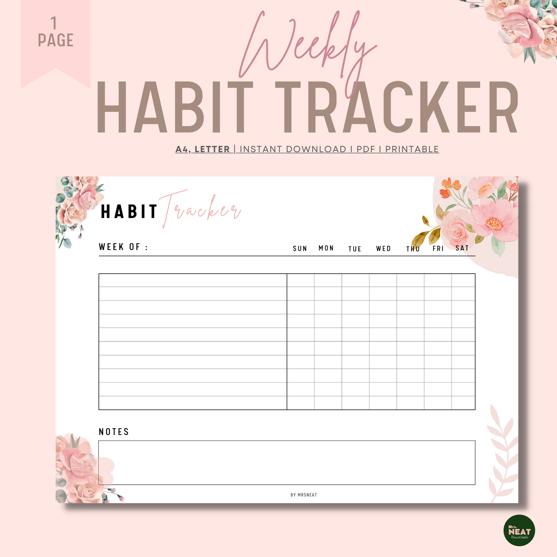 Beautiful Floral Weekly Habit Tracker Planner with undated week, Sunday Start and plenty room for habits and notes