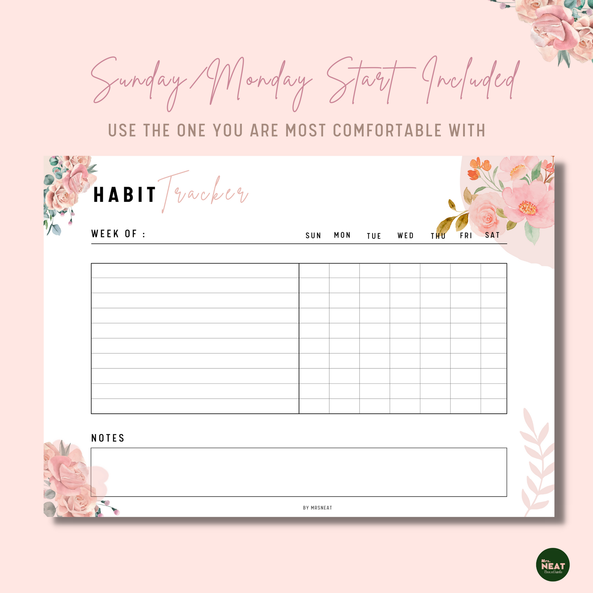Floral Weekly Horizontal Habit Tracker Planner with Sunday Start and Monday Start included