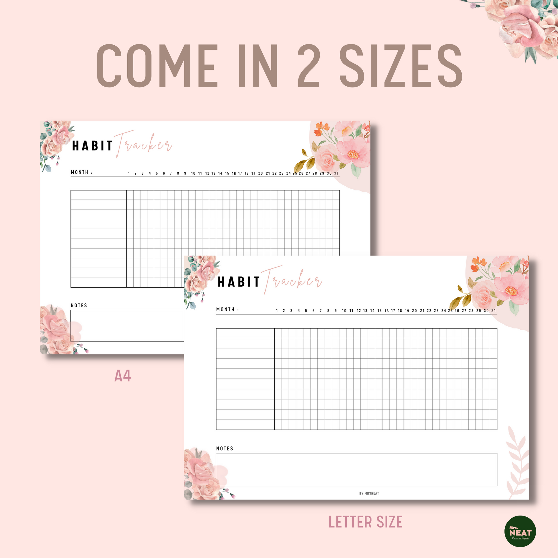 Beautiful Rose Gold Monthly Habit Tracker Planner in A4 size and Letter size
