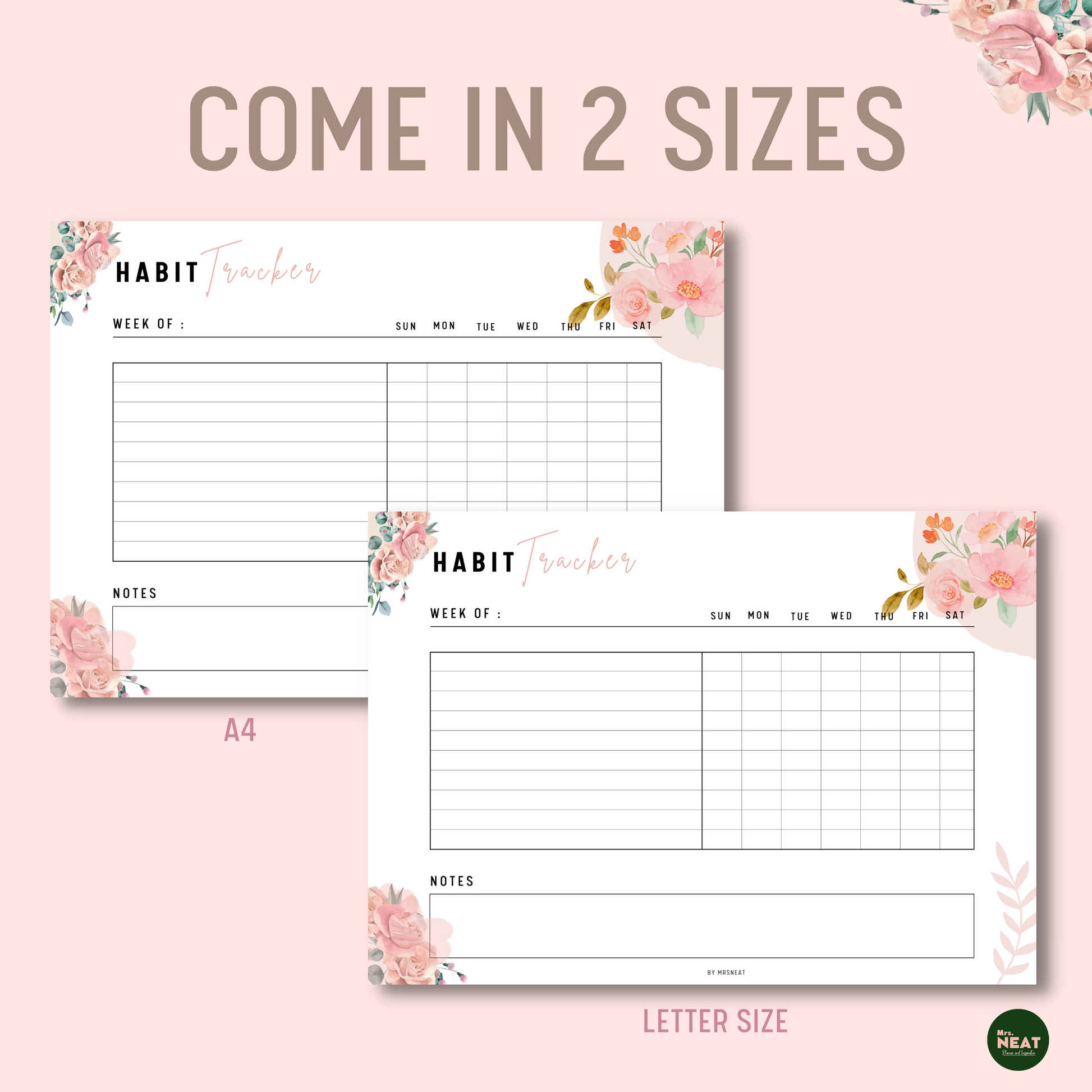 Cute Floral Weekly Horizontal Habit Tracker with Sunday Start in A4 size and Letter size