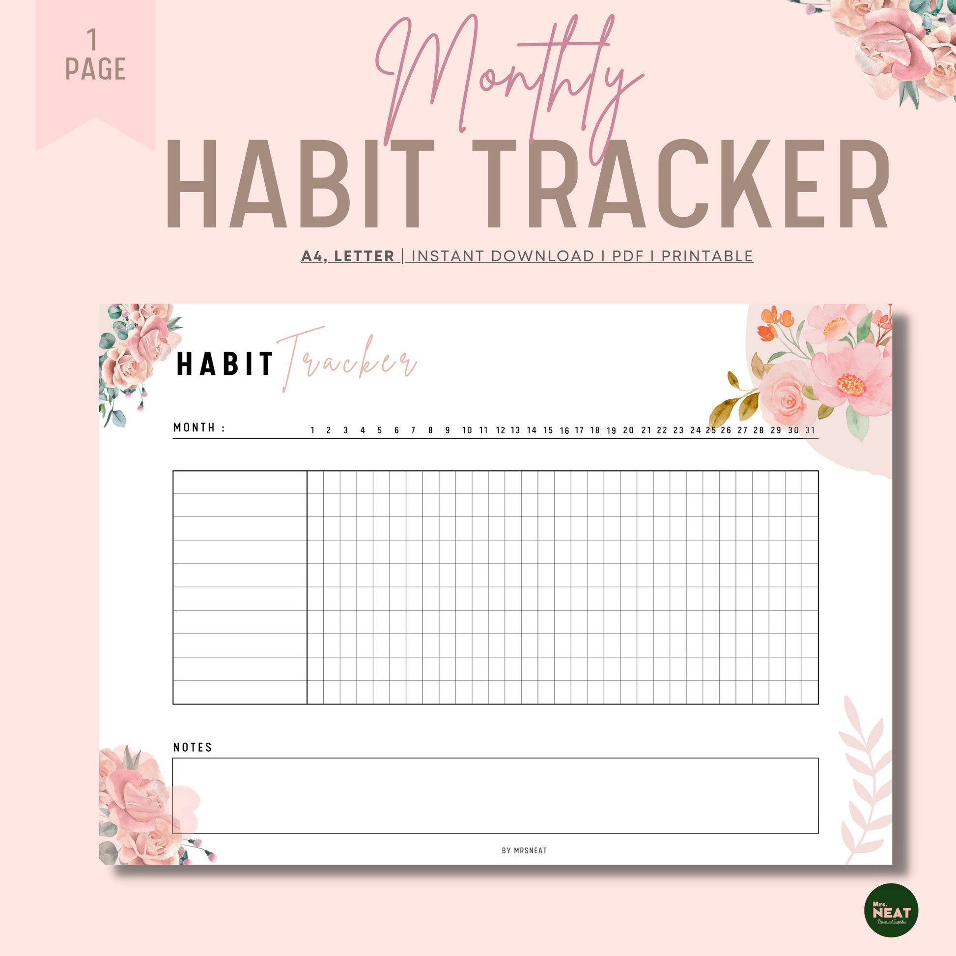 Beautiful Pink Floral Monthly Habit Tracker Planner with undated month, 31 days, room for habits and notes