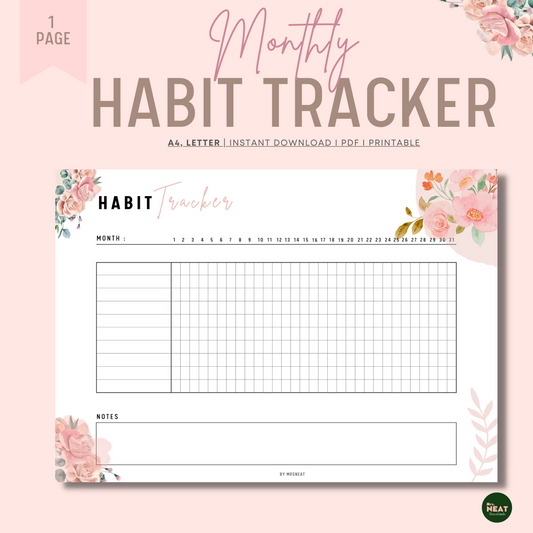 Beautiful Pink Floral Monthly Habit Tracker Planner with undated month, 31 days, room for habits and notes
