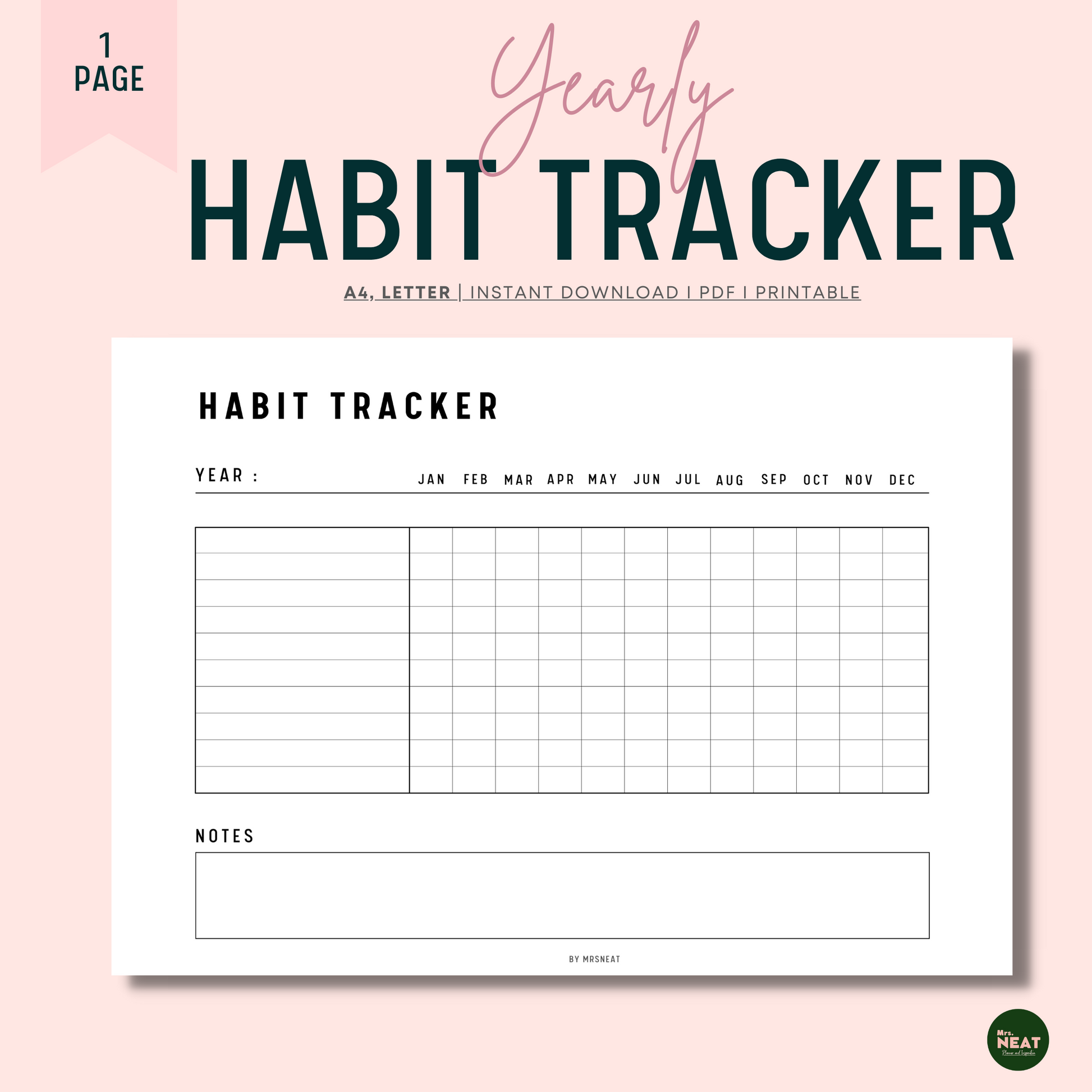 Clean and Minimalist Yearly Horizontal Habit Tracker with undated year, 12 months, room for notes and habits