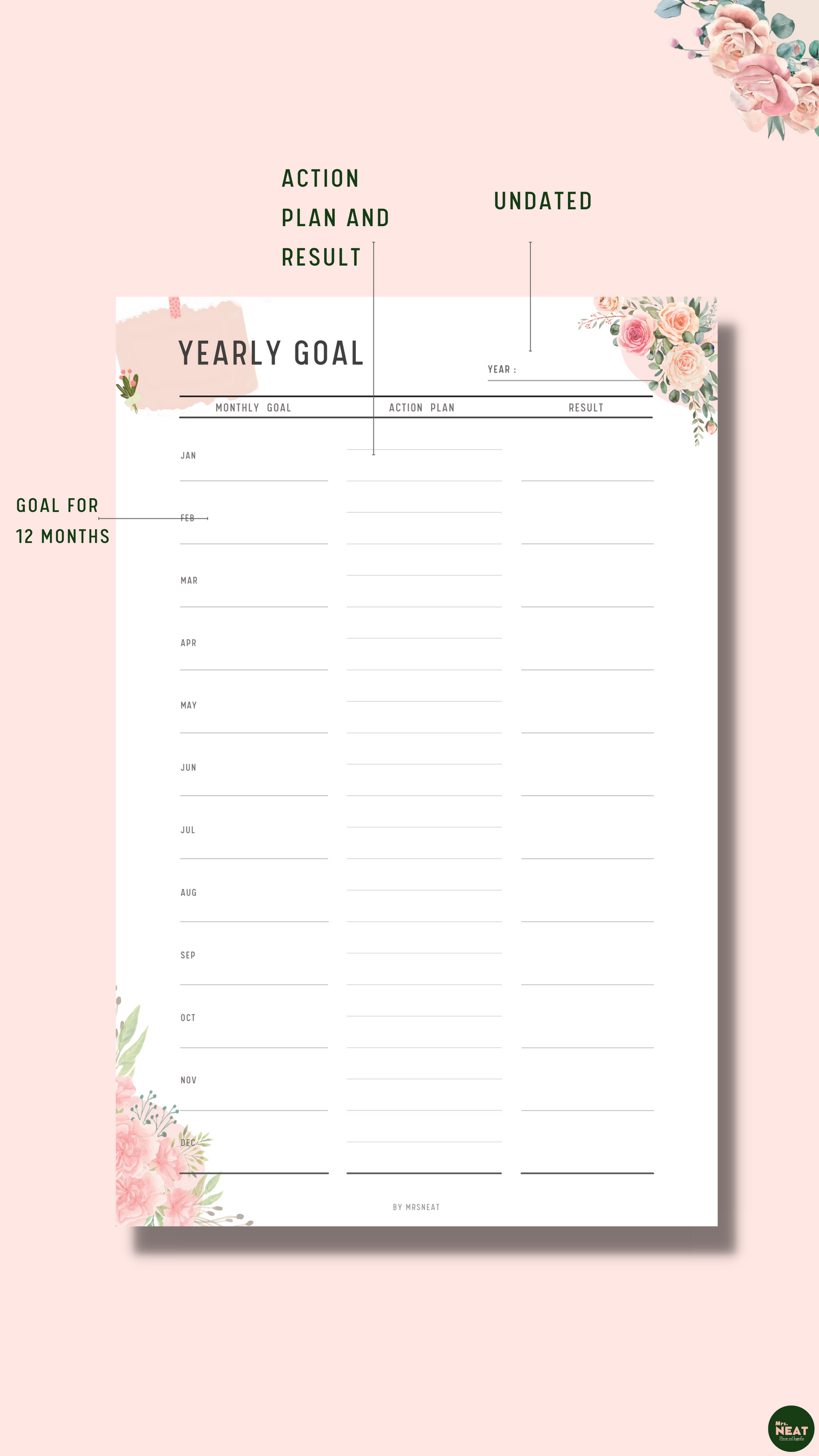 Floral Yearly Goal Planner that capture goal for 12 months, action plan and result
