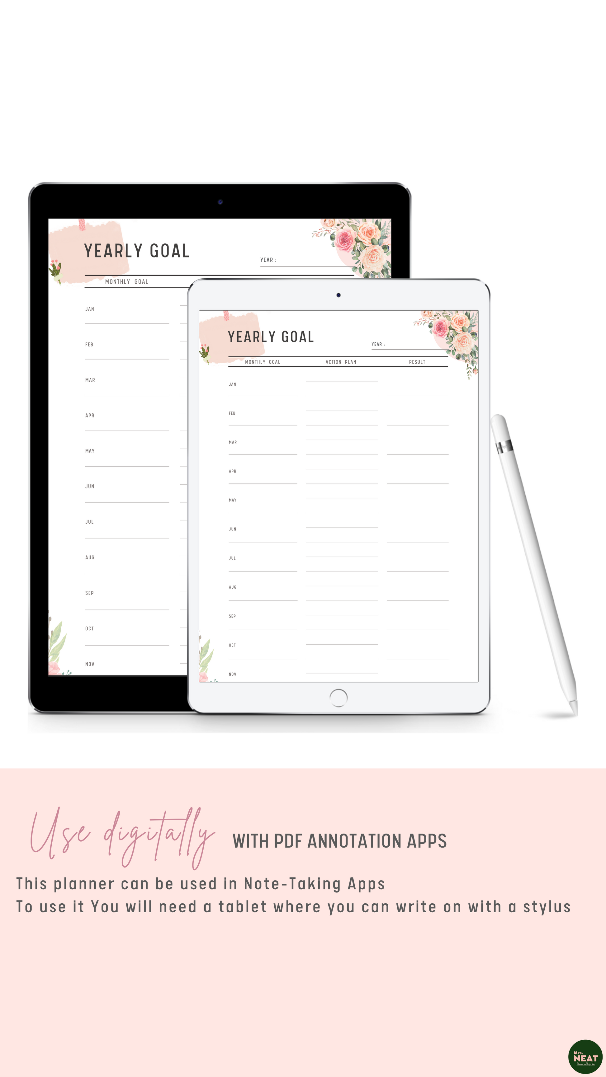 Floral Yearly Goal Planner use digitally with Tablet and Stylus